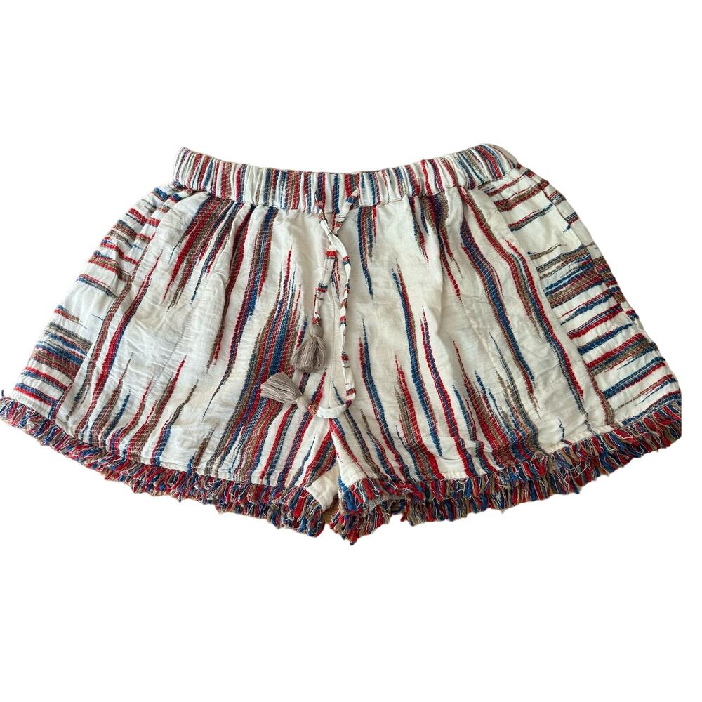 Boho Stripe Tassel Drawstring Women’s Shorts - White/Red/Blue